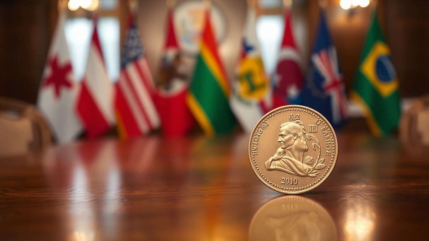 Prix Nobel de la paix sur une table, drapeaux en arrière-plan