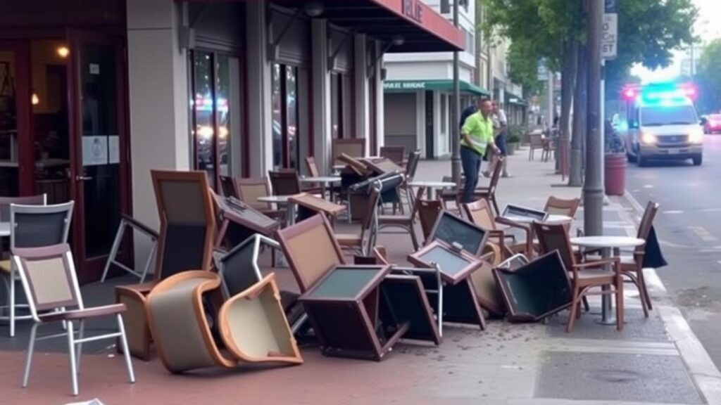 Voiture percutant une terrasse de café, chaises renversées.