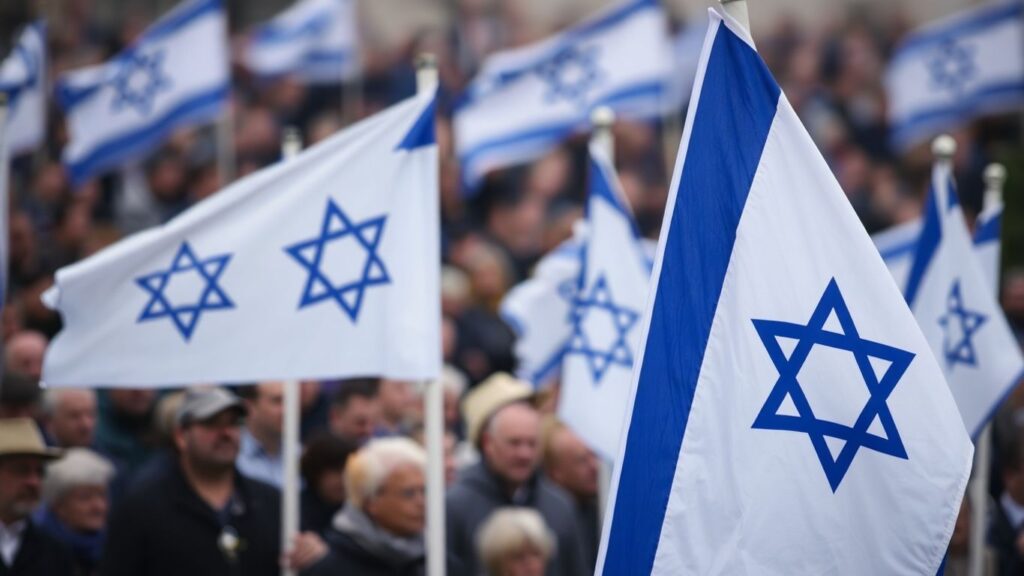 Drapeaux israéliens en berne, foule en deuil.
