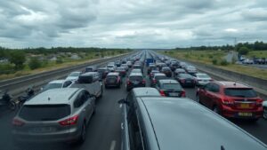 Voitures bloquées dans un embouteillage sur l'autoroute.