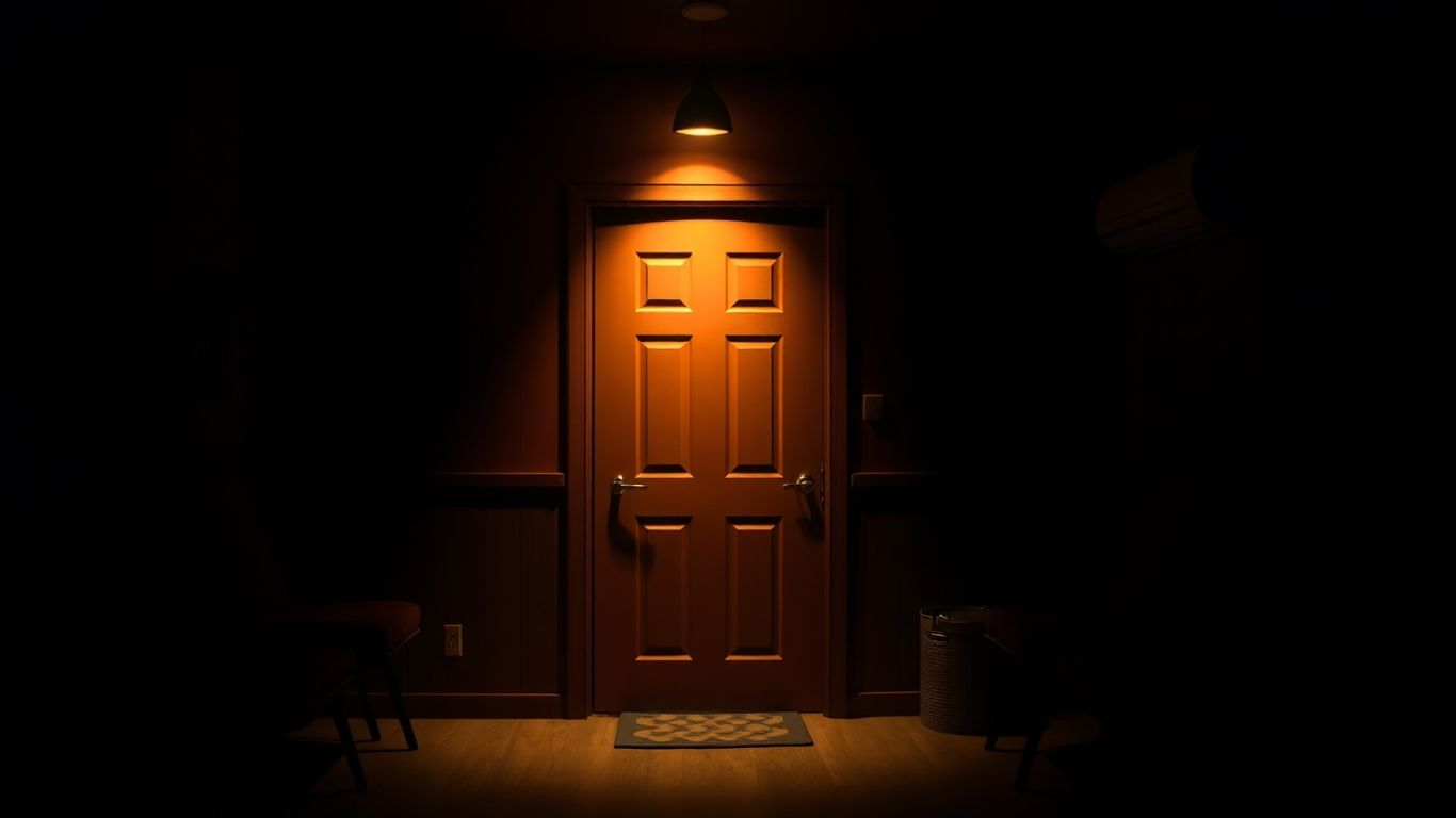 Salon de massage sombre avec une porte fermée.