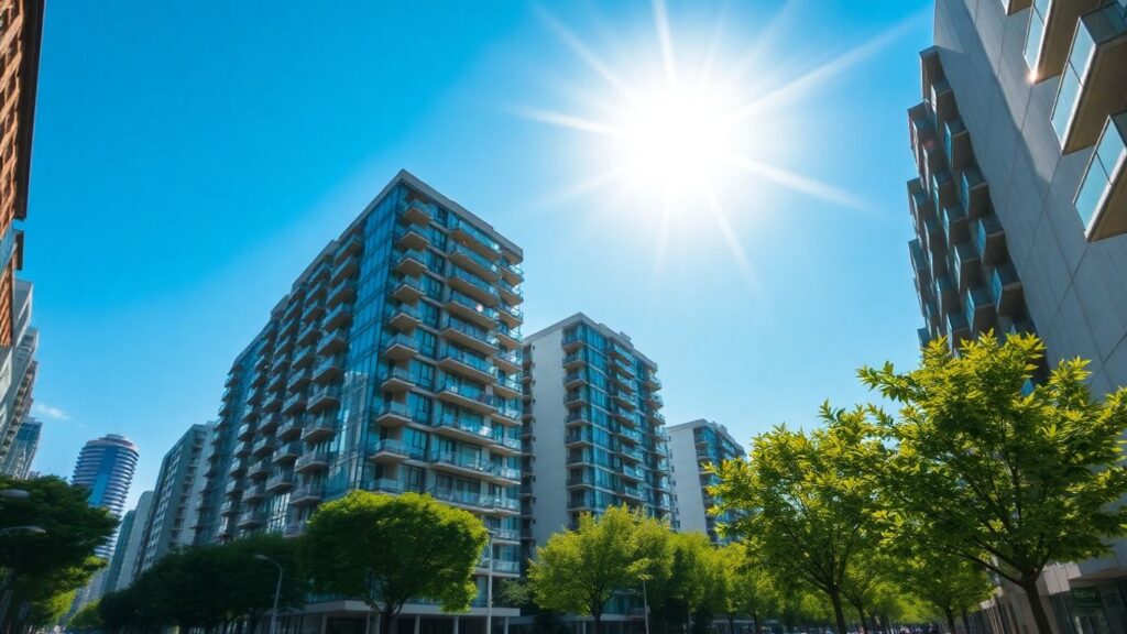 Ville française avec des immeubles d'appartements modernes et ensoleillés.