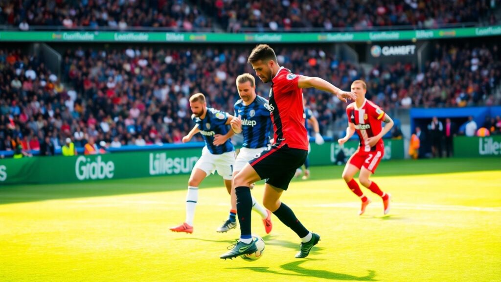 Joueurs de football en action sur un terrain de Ligue 1.