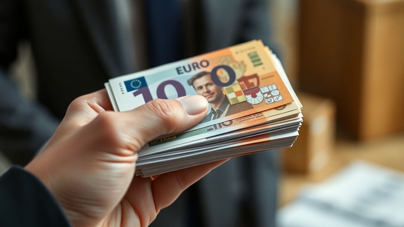Billets d'euros dans une main, arrière-plan flou.