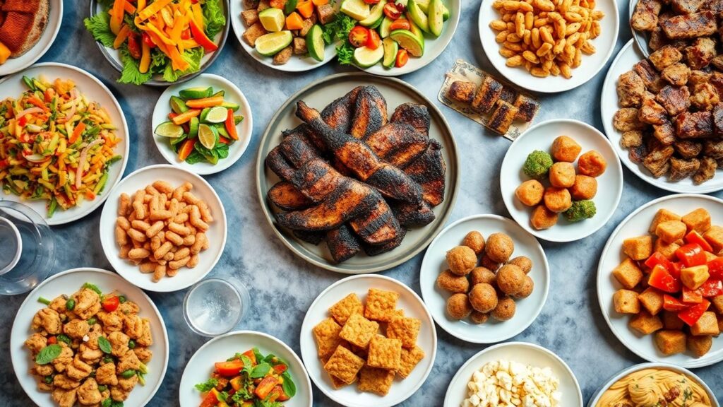 Buffet à volonté avec plats variés et desserts appétissants.