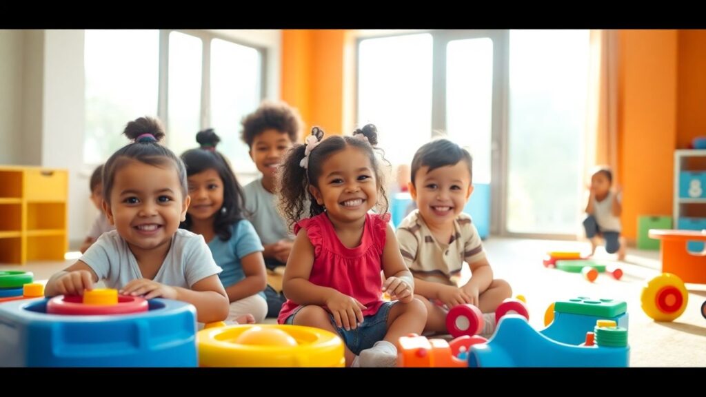 Enfants jouant dans un centre de la petite enfance lumineux et coloré.