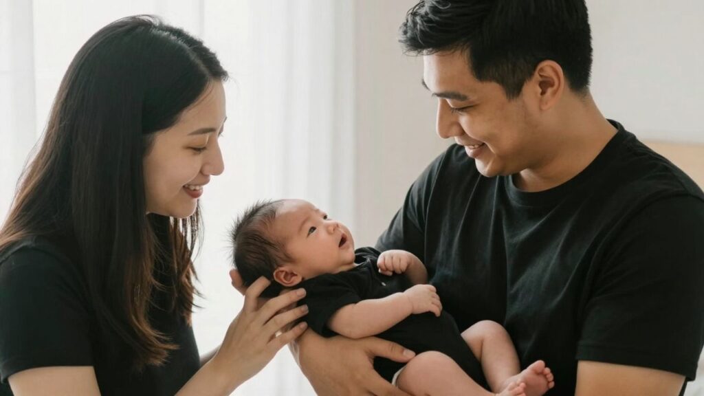 Famille heureuse avec un nouveau-né, symbolisant la natalité.