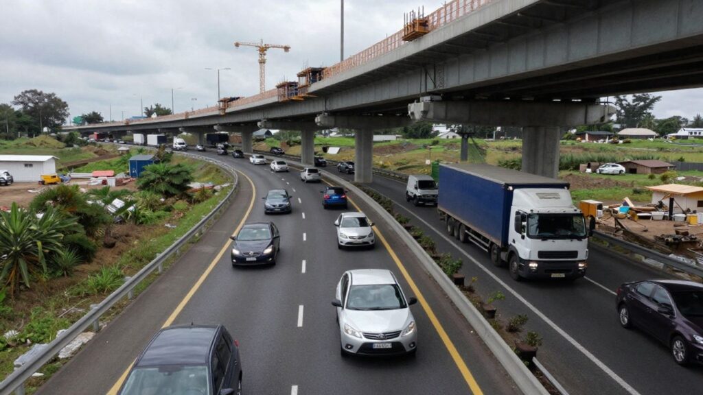 Voitures et camions sur une autoroute, pont en construction.