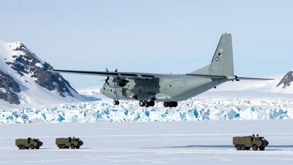 Avion militaire français au-dessus du paysage glacial du Groenland.