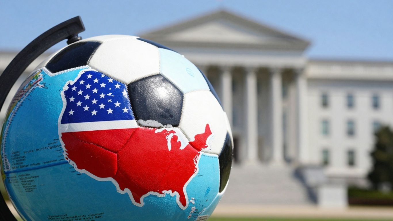 Ballon de football sur un globe, bâtiment du parlement en arrière-plan.