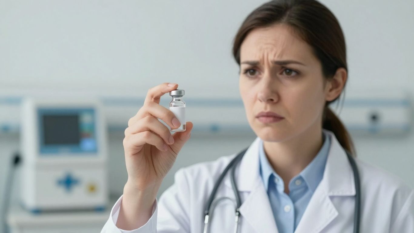 Professionnel de santé avec une fiole, hôpital en arrière-plan.