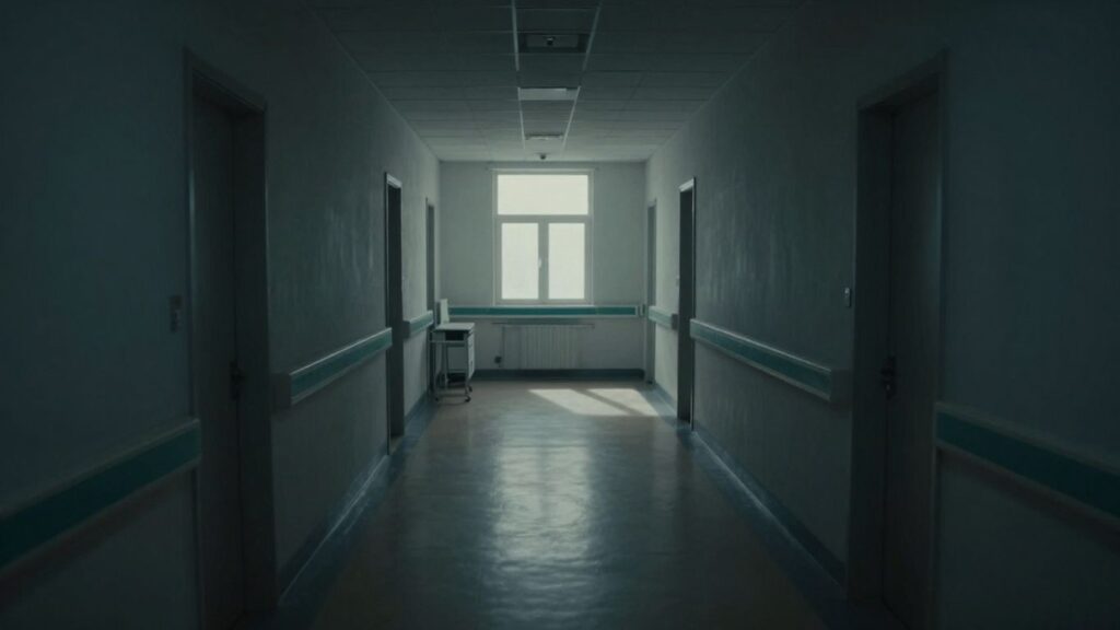 Couloir d'hôpital vide et sombre, ambiance hivernale.