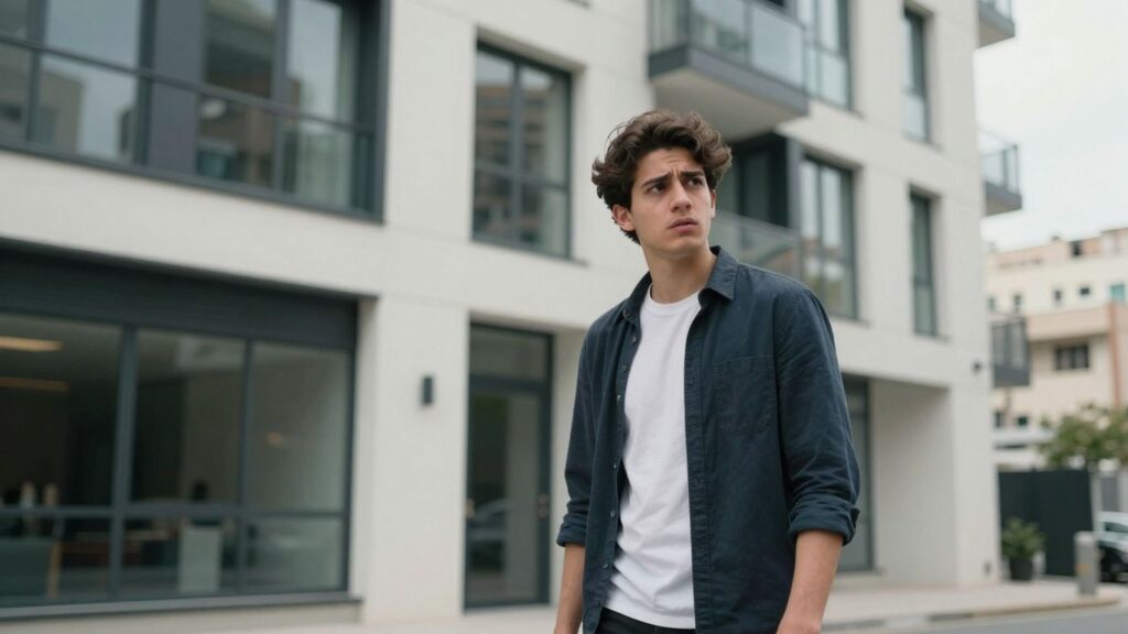 Jeune personne devant un immeuble d'habitation moderne.