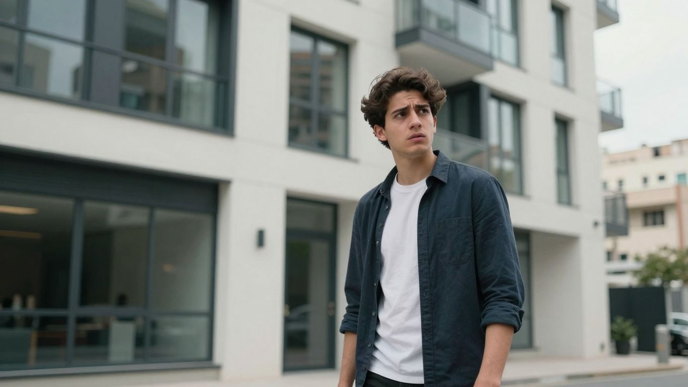Jeune personne devant un immeuble d'habitation moderne.