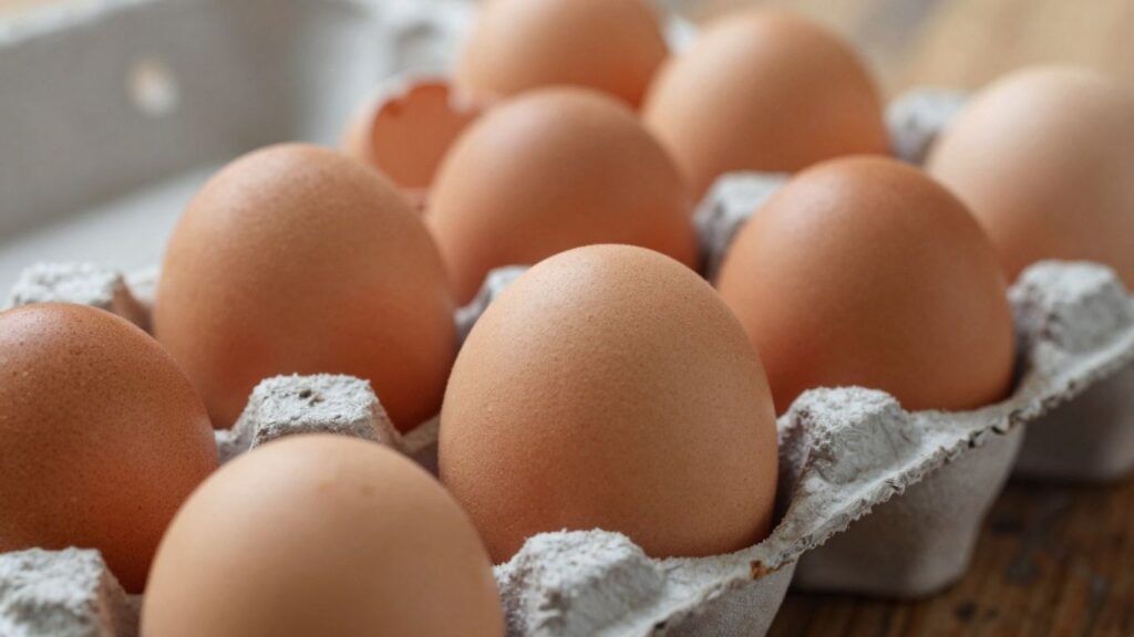 Boîte d'œufs frais sur une surface en bois.