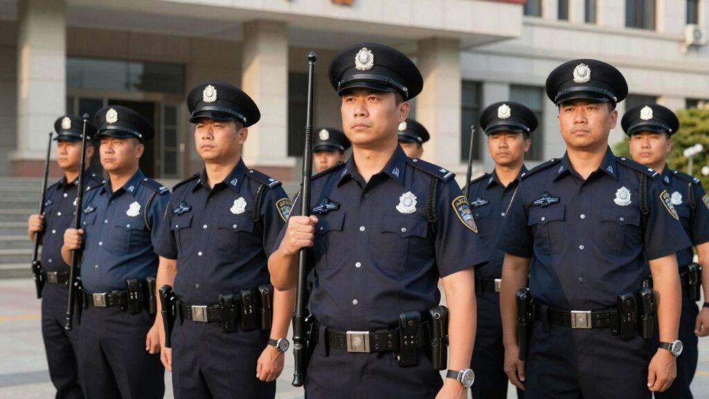 Des policiers municipaux devant un bâtiment officiel.