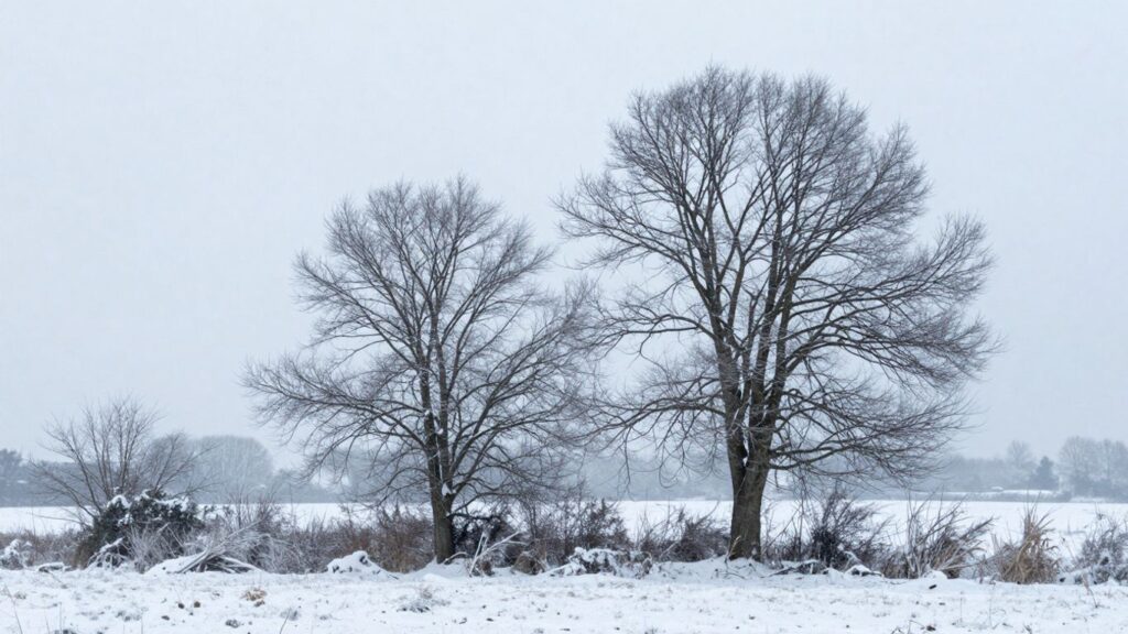 Paysage hivernal français sous un ciel couvert et venteux.
