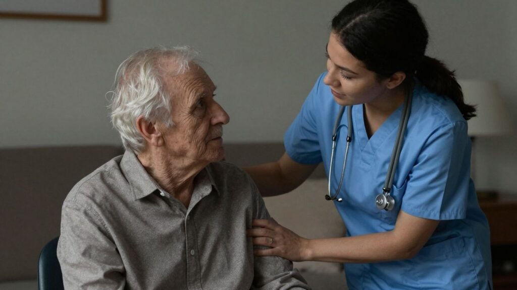 Aide-soignante aidant une personne âgée en Ehpad.