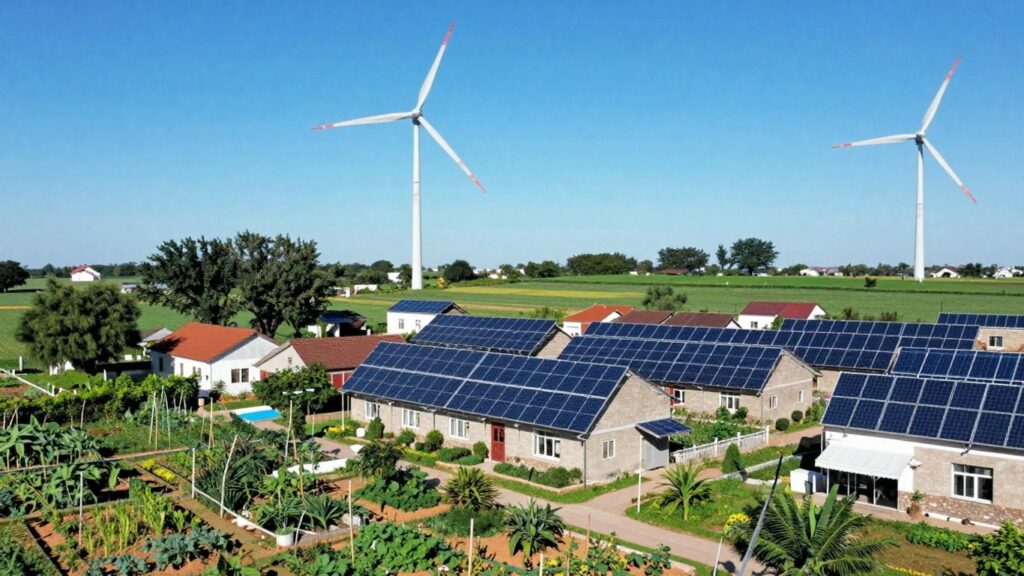 Petite commune avec éoliennes et panneaux solaires dans la nature.