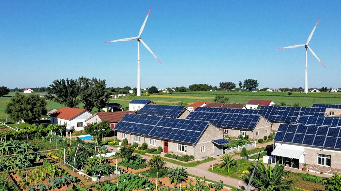 Petite commune avec éoliennes et panneaux solaires dans la nature.