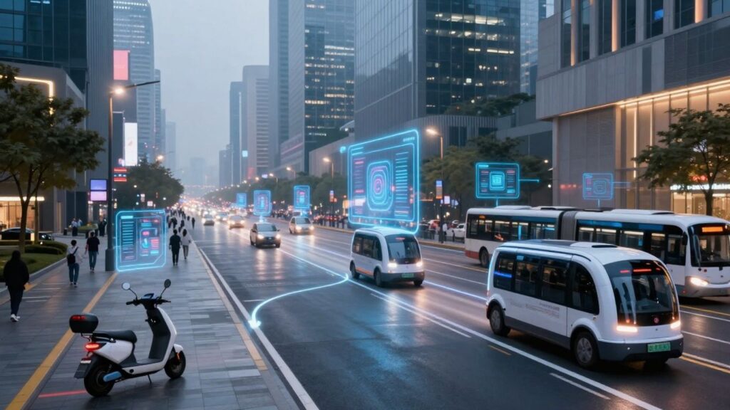 Ville futuriste connectée avec des transports variés.