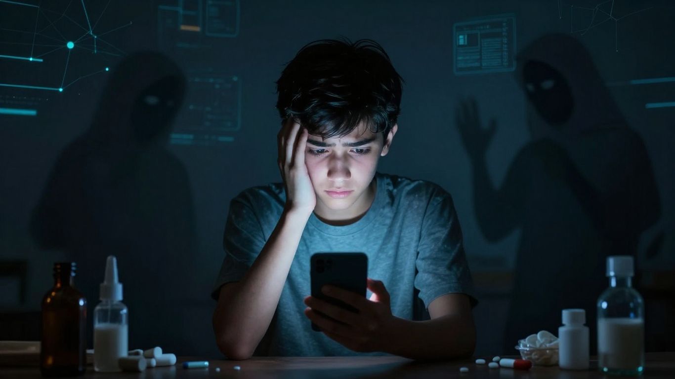 Adolescent regardant un téléphone, entouré de dangers numériques.