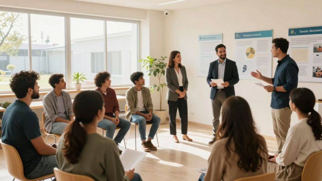 Personnes interagissant avec des officiels dans un centre communautaire.