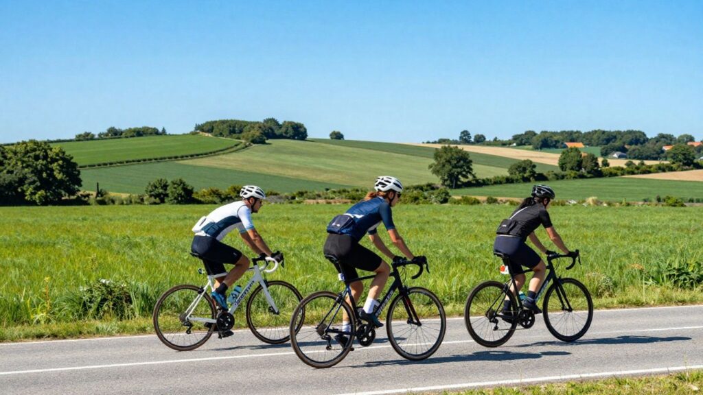 Cyclistes pédalant sur une route pittoresque en Vendée.