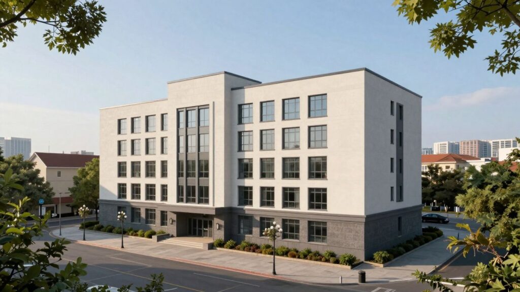 Bâtiment public moderne dans un paysage urbain.