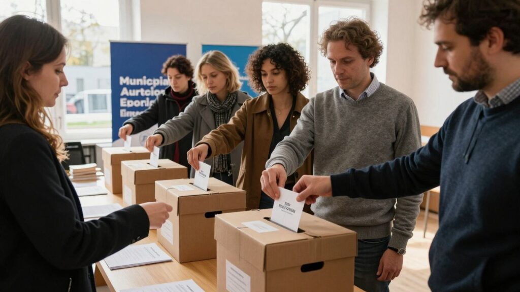 Élections municipales françaises : citoyens votant dans un bureau de vote.