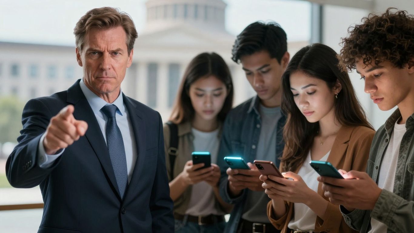 Politiciens et jeunes regardant leurs téléphones portables.
