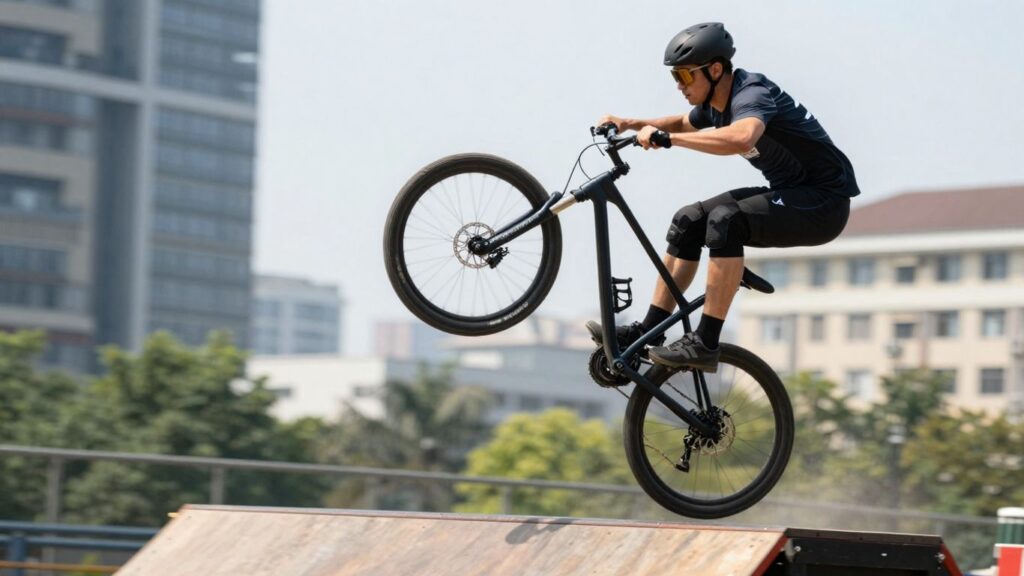 Cycliste en l'air après un saut raté.
