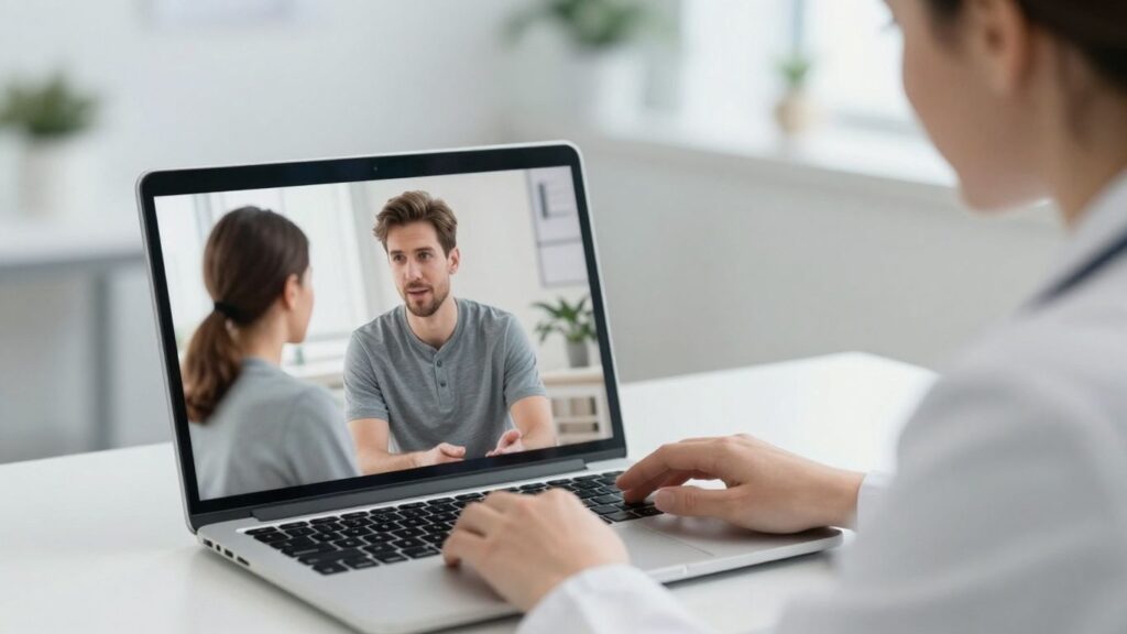 Médecin et patient communiquant via la télémédecine sur un écran.