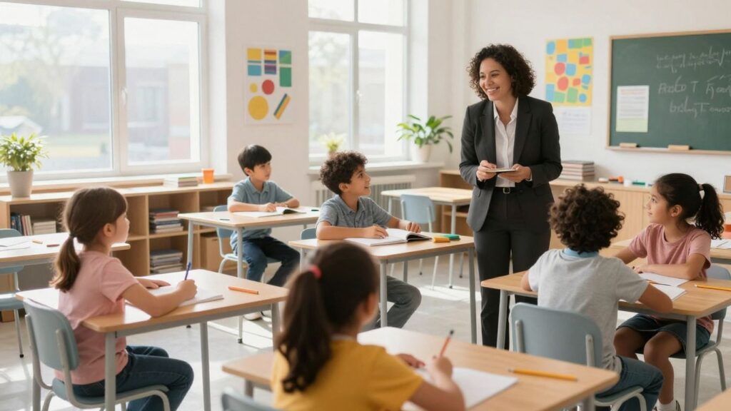 Enfants souriants dans une salle de classe lumineuse et moderne.