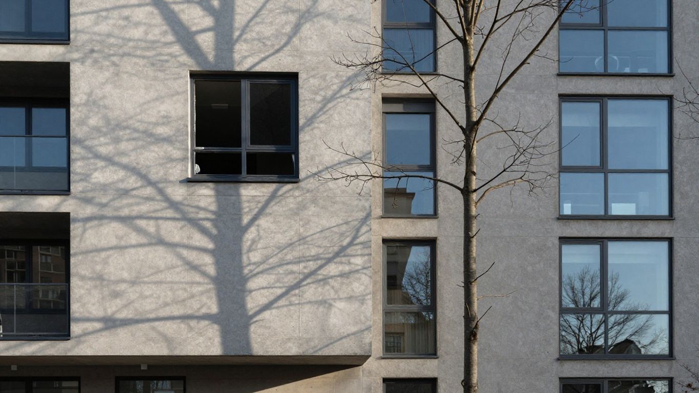 Immeuble moderne avec une fenêtre brisée.