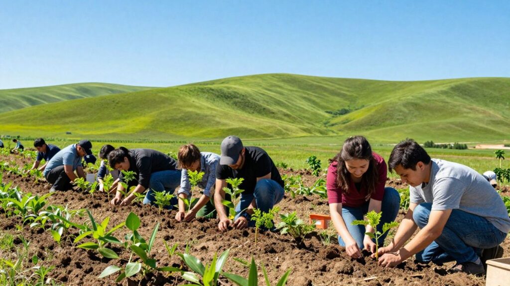 Paysage verdoyant avec des gens plantant des arbres.