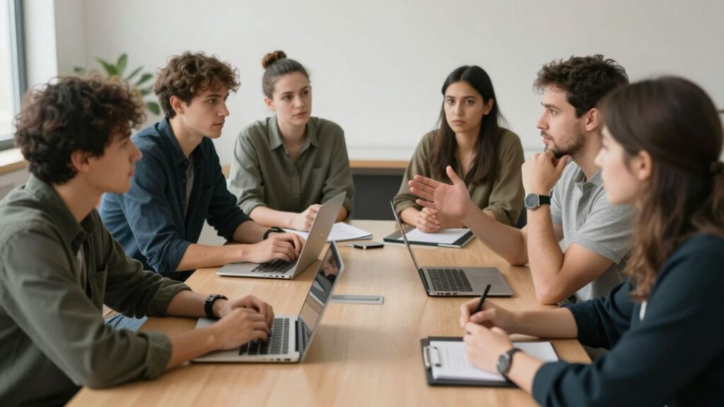 Réunion de personnes discutant autour d'une table.