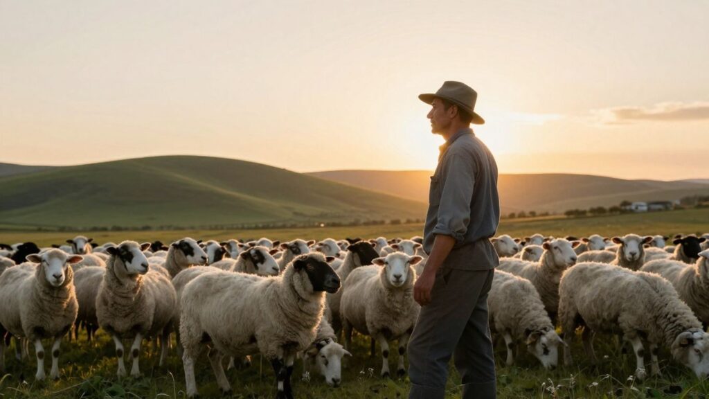 Éleveur avec ses moutons au coucher du soleil.
