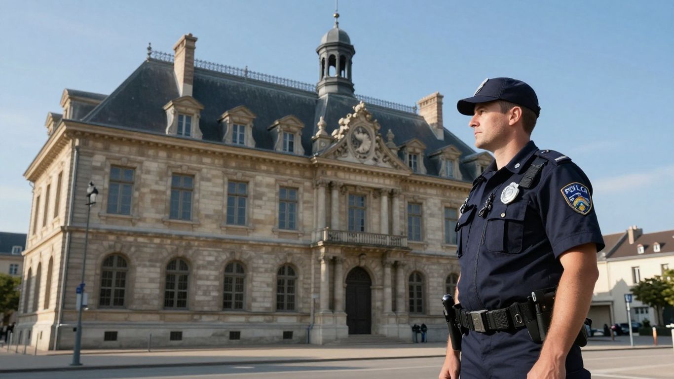 Maire et policier municipal devant la mairie.