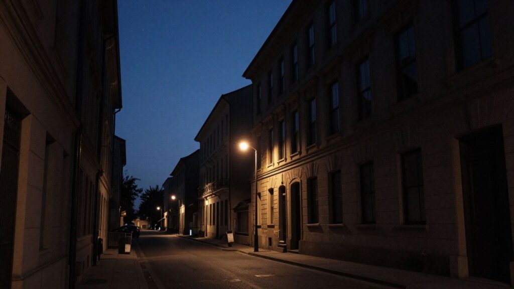 Rue de ville sombre la nuit, ciel étoilé, bâtiments sombres.