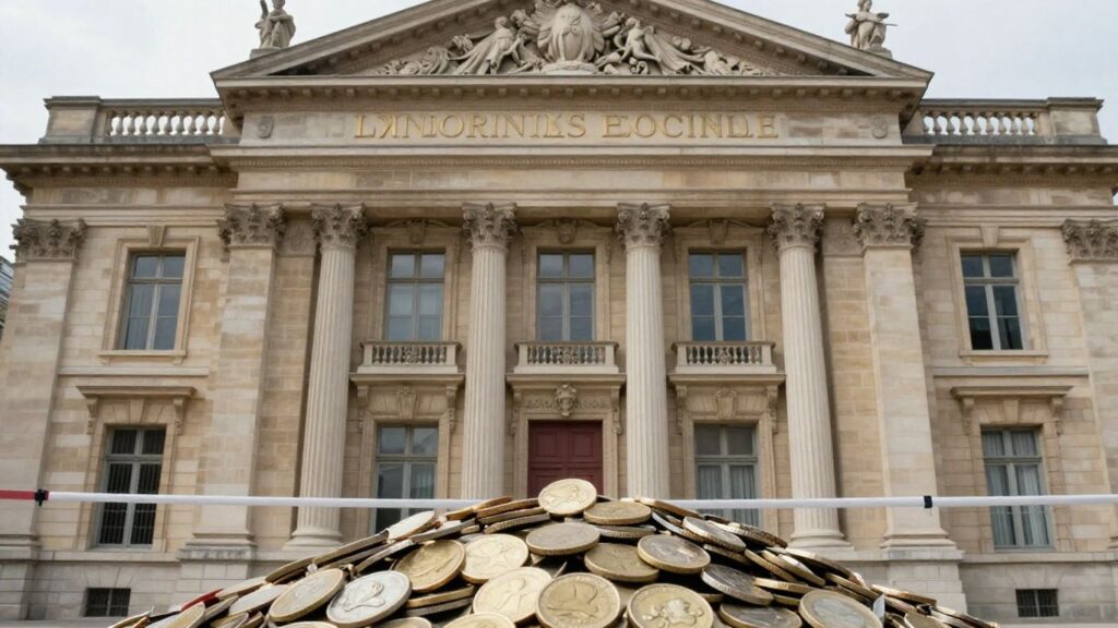 Bâtiment du gouvernement français avec une barrière financière.