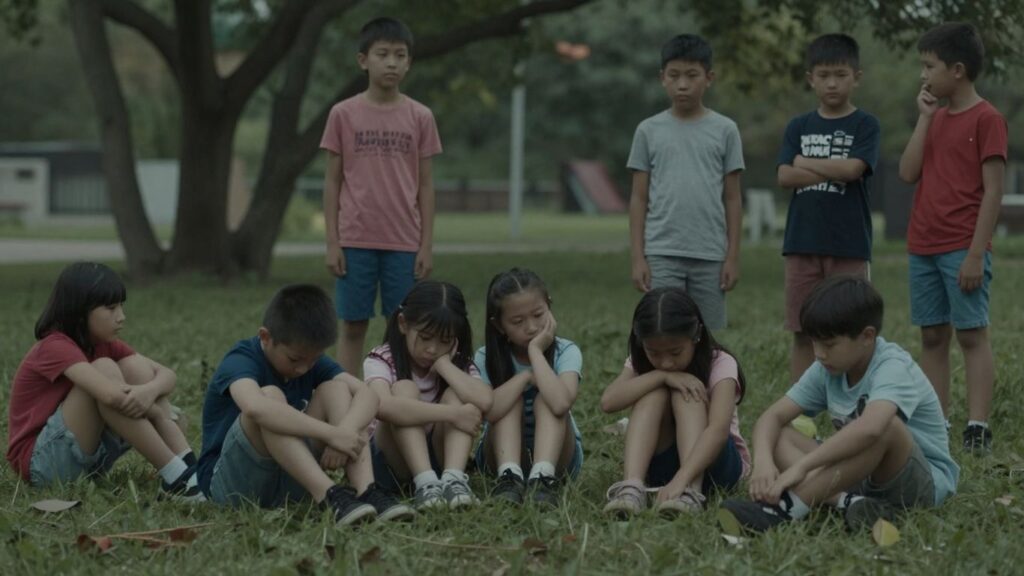 Enfants déçus devant une école fermée.