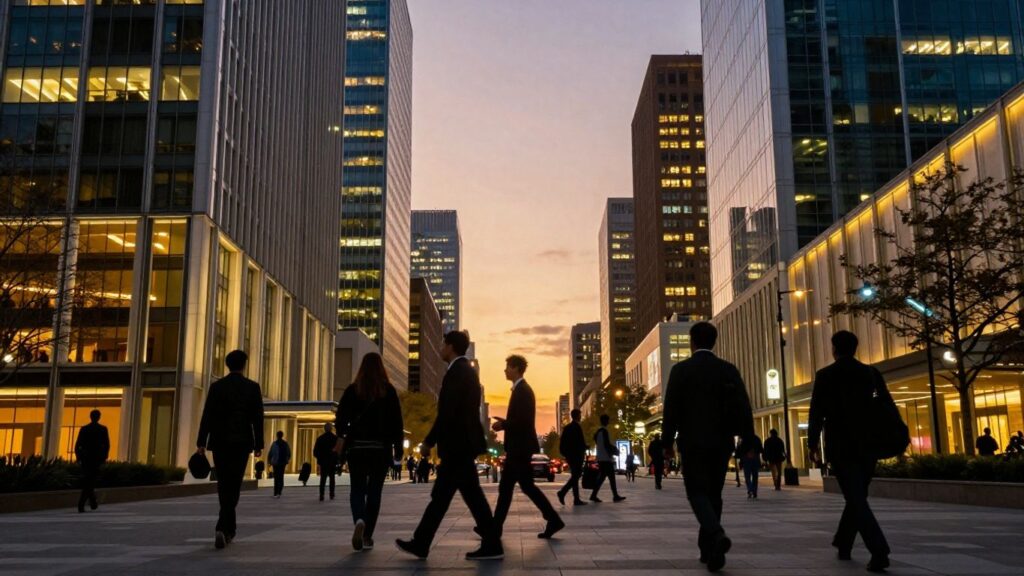 Paysage urbain avec des gratte-ciel illuminés la nuit.