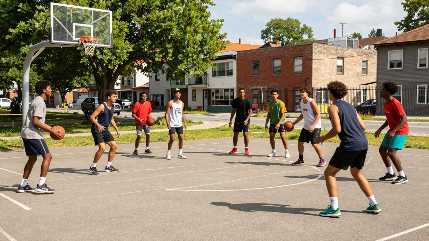 Des jeunes pratiquant le basketball et le football dans un quartier.