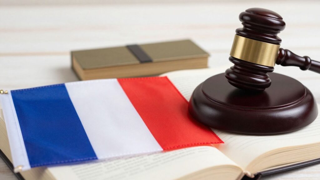 Drapeau français et marteau de juge sur livre de droit.