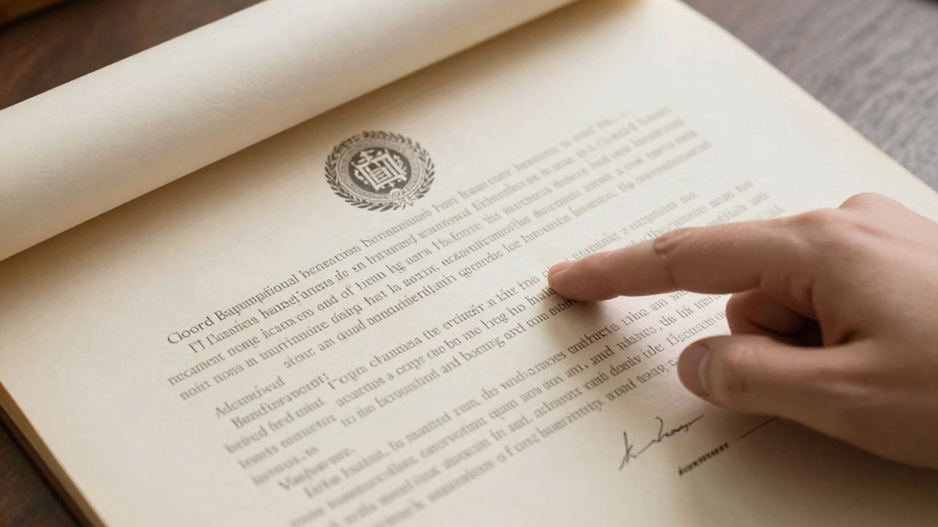 Document officiel avec un sceau et une main pointant le texte.
