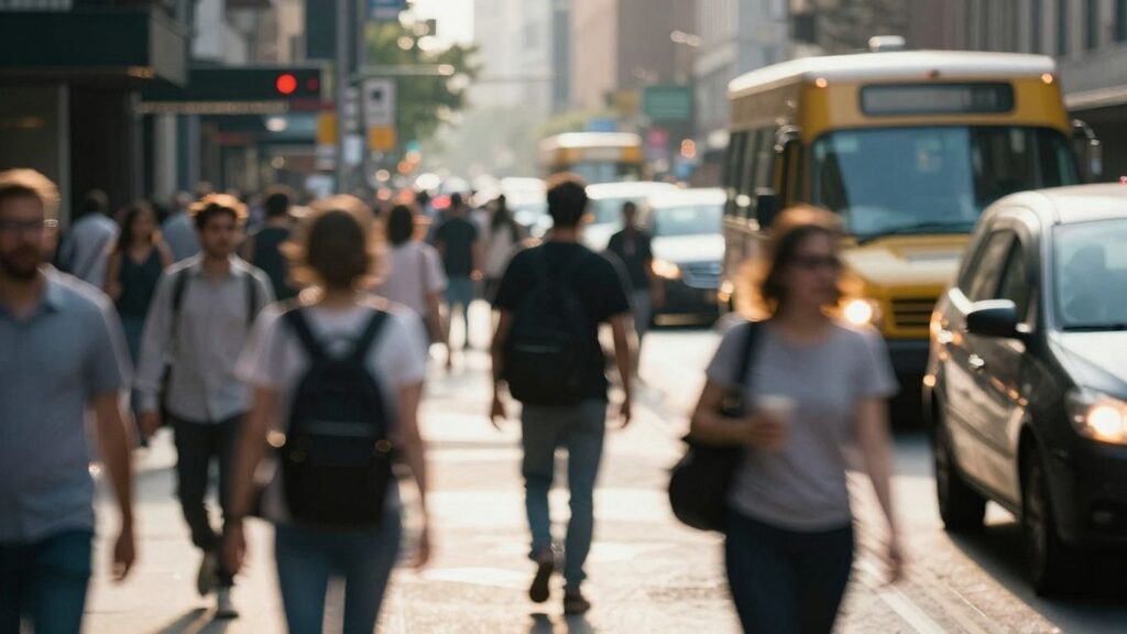 Personnes et véhicules en mouvement dans une rue animée.