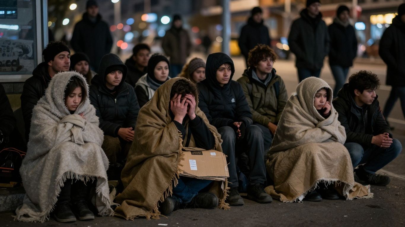 Personnes sans abri dormant dans la rue la nuit.