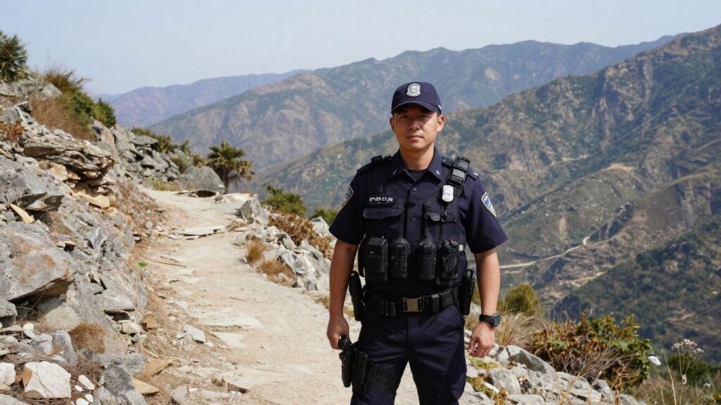 Police municipale en montagne sur un sentier rocheux.