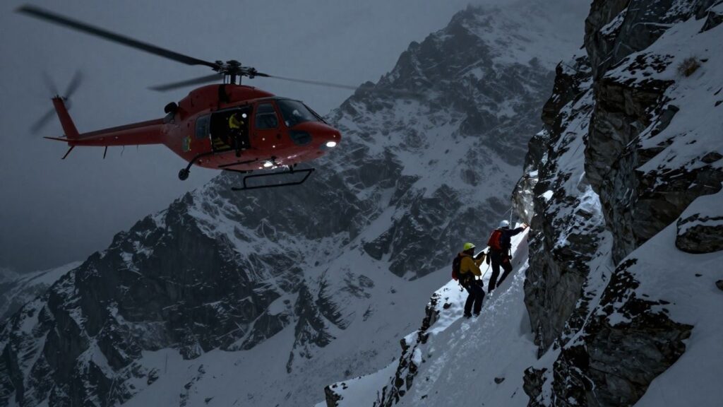 Secours en montagne, hélicoptère, sauveteurs, paysage enneigé.